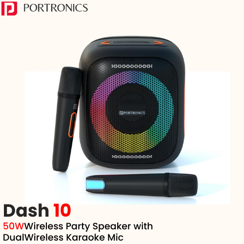 Portronics Dash 10 – 50W Wireless Party Speaker with Dual Wireless Karaoke Mics (Custom Logo Ready)