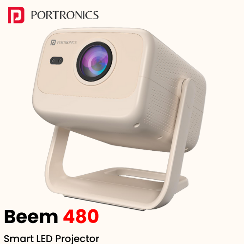 Portronics Beem 480 is a compact, smart LED projector powered by Android 9, designed to turn any room into an instant home cinema with built‑in streaming apps, wireless connectivity and 180° adjustable tilt. It delivers 1080p Full HD visuals at 5100 lumen