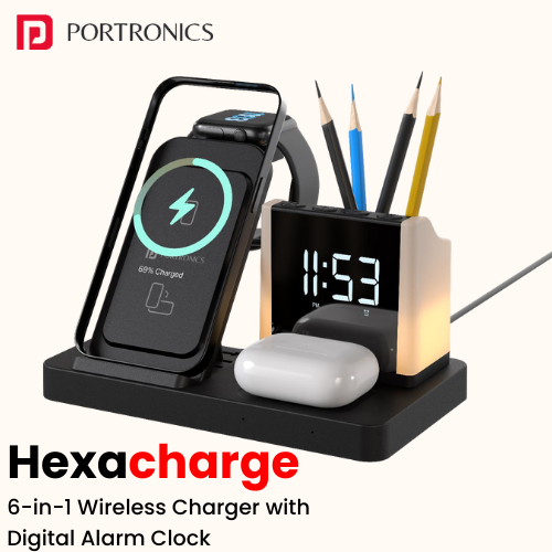 Portronics HexaCharge – 6‑in‑1 Wireless Charger with Digital Alarm Clock and Pen Stand